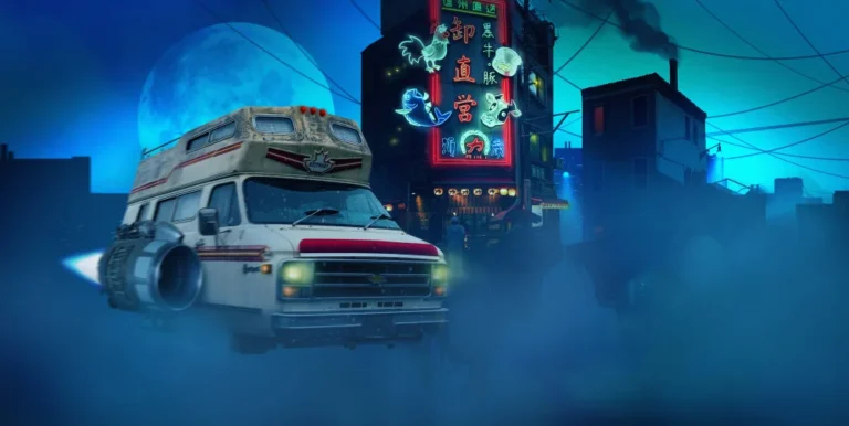 Camping-car volant devant néons futuristes et pleine lune.