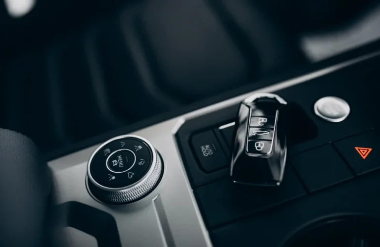 Clé et commandes centrales d'un SUV, avec boutons et molette de contrôle.